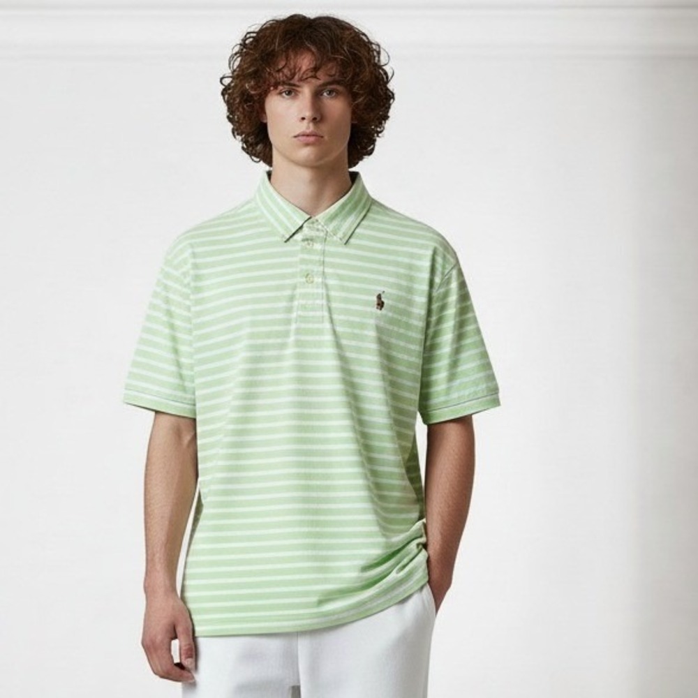 Ralph Lauren Knit Oxford Polo Shirt Mens XLT Green White Striped VTG Y2K